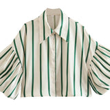 Gestreept shirt met pofmouwen en knoopsluiting voor dames SP068: Bruine strepen / L