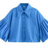 Gestreept shirt met pofmouwen en knoopsluiting voor dames SP068: Bruine strepen / L