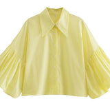 Gestreept shirt met pofmouwen en knoopsluiting voor dames SP068: Bruine strepen / L