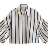 Gestreept shirt met pofmouwen en knoopsluiting voor dames SP068: Bruine strepen / L