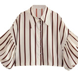 Gestreept shirt met pofmouwen en knoopsluiting voor dames SP068: Bruine strepen / L