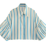 Gestreept shirt met pofmouwen en knoopsluiting voor dames SP068: Geel / S