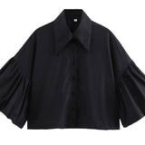 Gestreept shirt met pofmouwen en knoopsluiting voor dames SP068: Bruine strepen / L