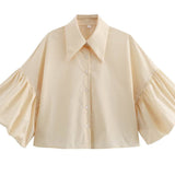 Gestreept shirt met pofmouwen en knoopsluiting voor dames SP068: Bruine strepen / L